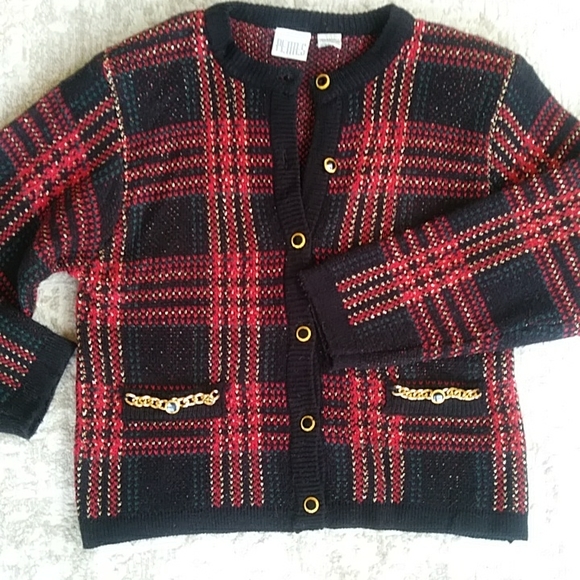 Just for Petites Plaid Chain Link Cardigan Sweater PM Black Red - Picture 4 of 16
